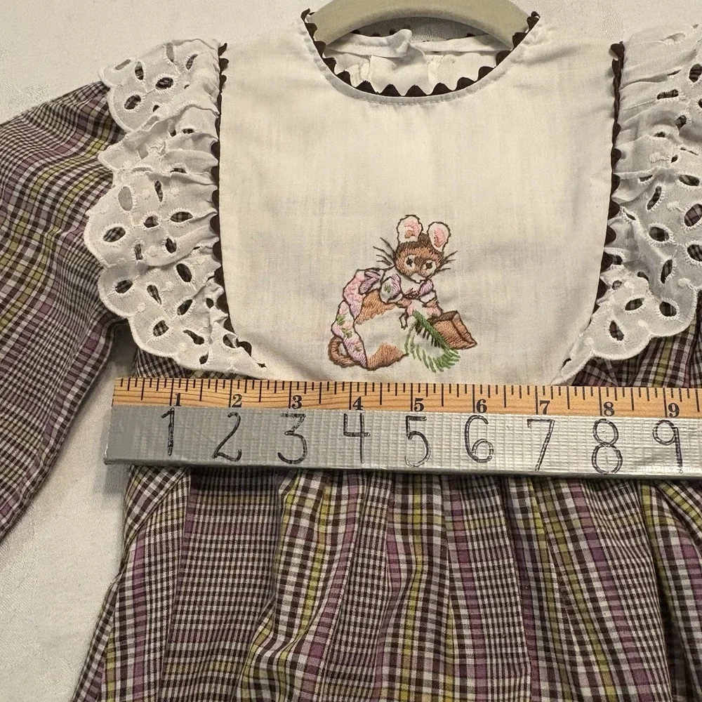 Girls VTG Dress Sz 5 Embroidered Mouse Lace‎ Collar Sleeves Gingham Print Tie